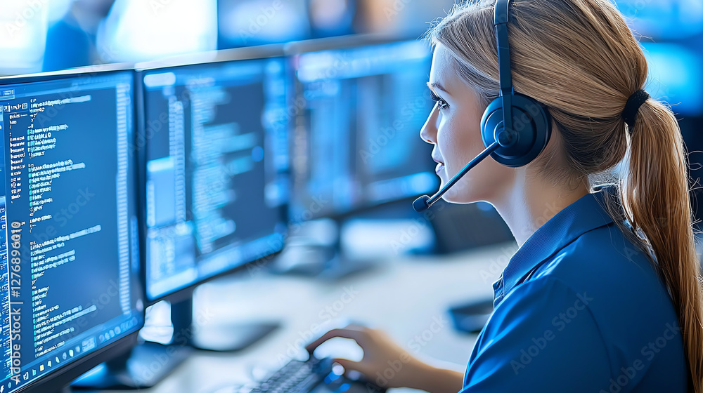 Poster woman with headset working at computer in call center, focused on her screen. environment is modern 