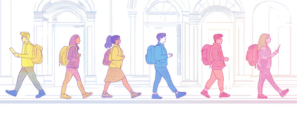 Diverse group of young adults walking with backpacks in a gradient line drawing. Vector