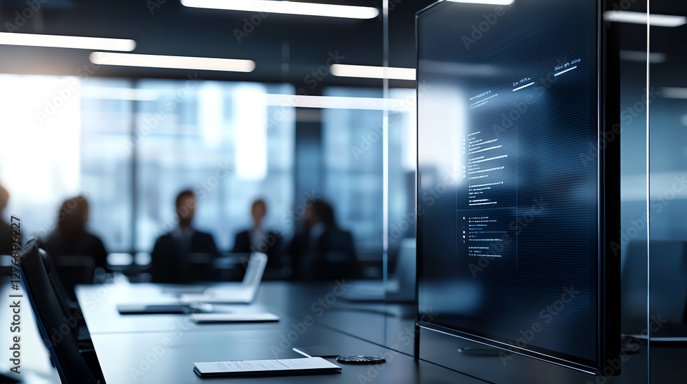 Poster modern office setting featuring large screen displaying data, with blurred figures in background eng