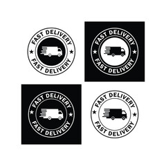 Fast delivery stamp logo with fast moving truck. Round logotype vector of Fast Delivery sign.
