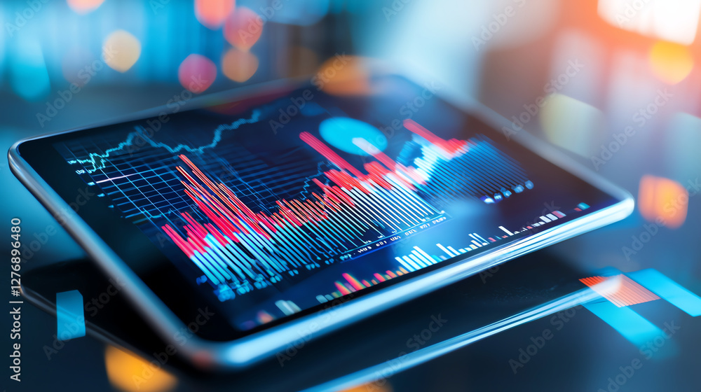 Poster tablet displaying financial data with colorful graphs and charts, symbolizing business analysis and 
