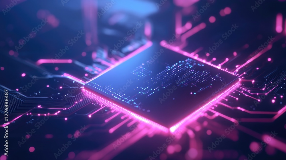 Poster aerial view of advanced computer chip connected to intricate pathways glowing with high-energy digit