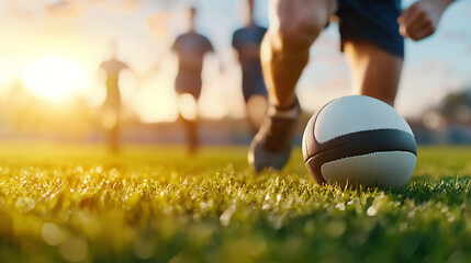 Rugby player running towards ball on sunny field during practice, showcasing teamwork and athleticism. vibrant sunset adds warm glow to scene