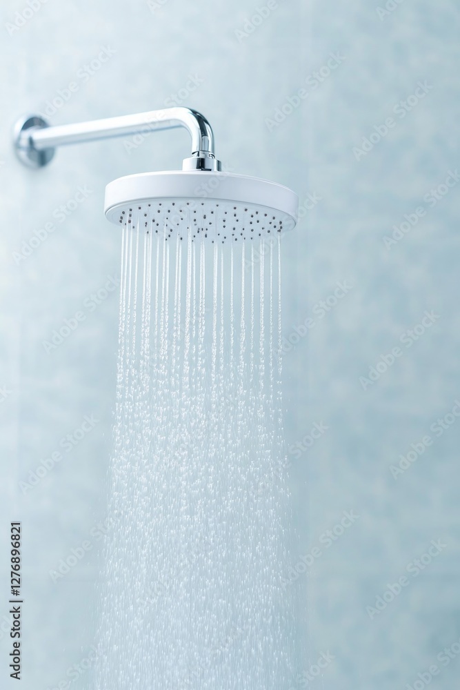 Poster close-up of water droplets cascading from showerhead creating soothing atmosphere with warm light fi