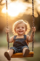 Happy child playing in playground in Spring