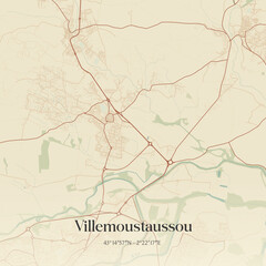 Fototapeta premium Vintage map of Villemoustaussou, France.