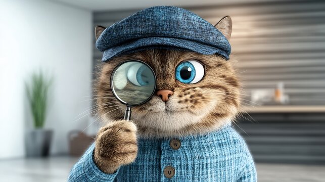 comic cat detective hat magnifying glass