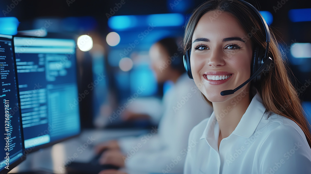 Poster businesswoman in call center wearing headset, smiling at camera. background features computer screen