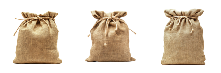 A Set of Drawstring Burlap Storage Sacks Isolated on Transparent Background