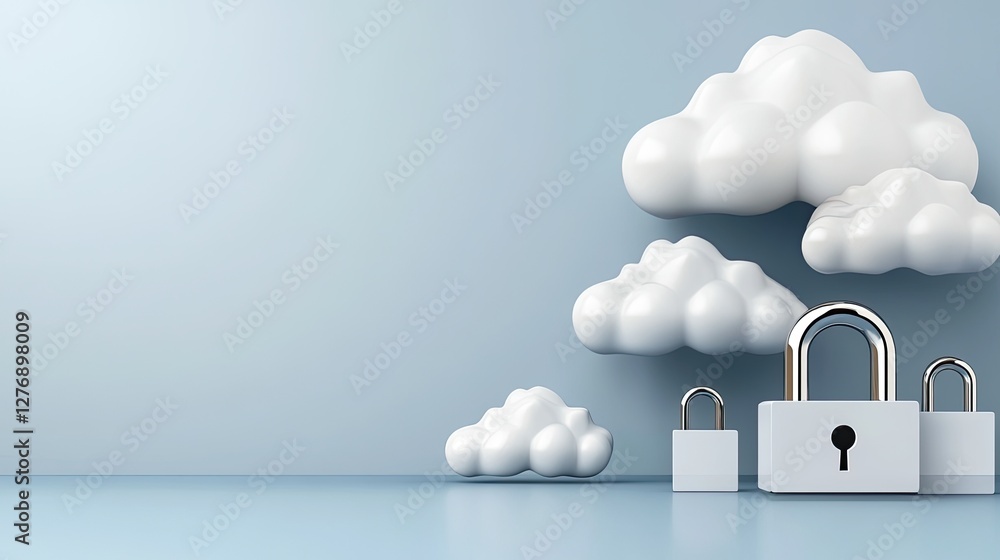 Poster cloud with a padlock represents digital security and data protection in online networks and advanced