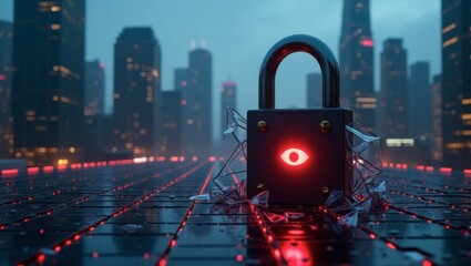 Cybersecurity Concept Padlock with Red Eye and Broken Glass in Cityscape