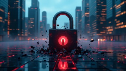 Digital Security Padlock with Red Glow in Futuristic Cityscape