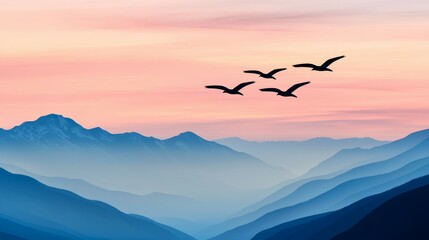 Tranquil Serenity Silhouetted Birds Soar in Pastel Sky over Blue Mountain Range. Peaceful Landscape View for Wall Art and Web. Digital Painting with Calm Atmosphere.