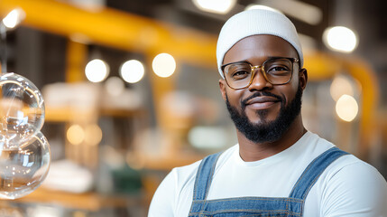 smiling man wearing glasses and beanie in workshop setting, showcasing friendly atmosphere
