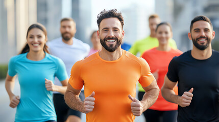 Active group of diverse athletes running outdoors in colorful sportswear, showcasing teamwork and fitness. Their smiles reflect joy and motivation during exercise