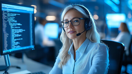 mature business woman wearing headset, working in office with computer screens displaying code. She appears focused and engaged in her task