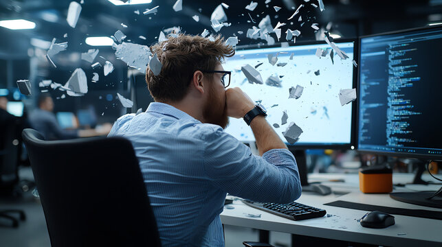 Frustrated man at computer in office, surrounded by flying debris, expressing stress and tension in chaotic environment. scene captures intensity of work pressure