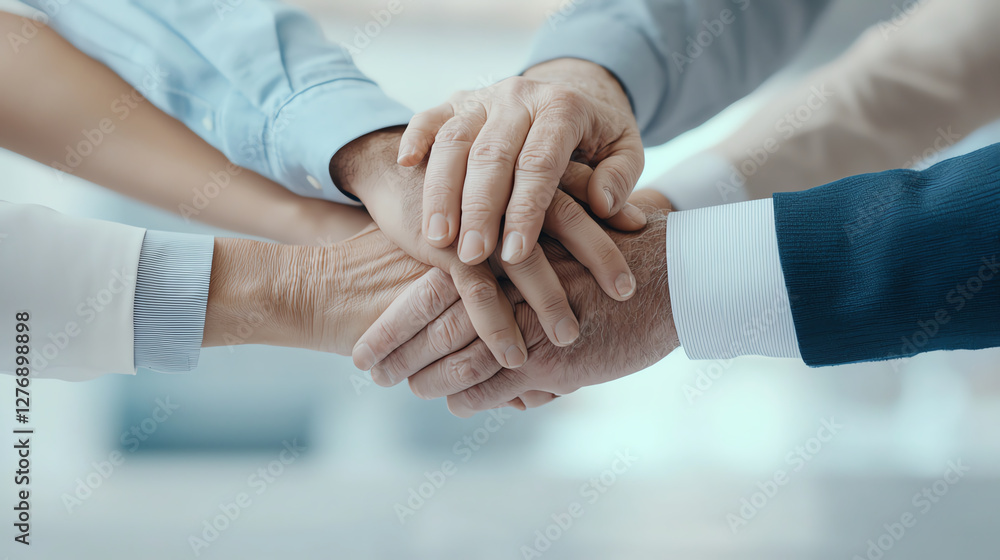 Poster collaborative hands stacked together symbolize teamwork and unity in business setting. this conveys 