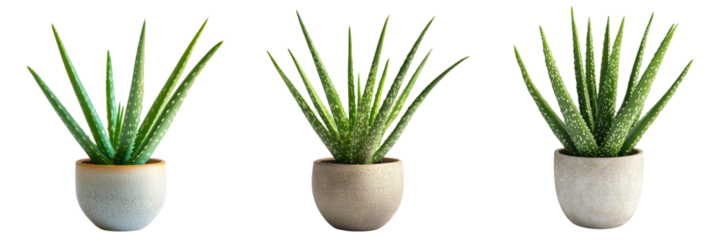 A Set of Aloe Vera Plants in Decorative Pots Isolated on Transparent Background