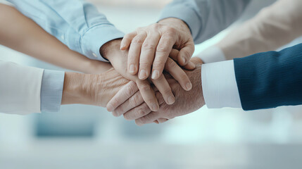 Collaborative hands stacked together symbolize teamwork and unity in business setting. This conveys sense of partnership and shared success