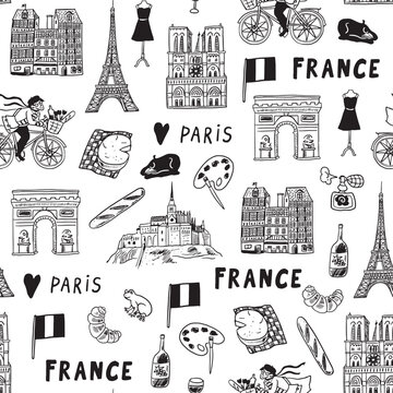 Paris hand drawn doodle seamless pattern. Travel and tourism background