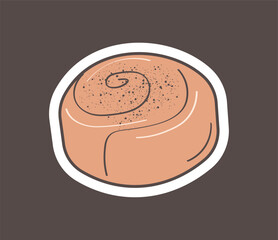 Cinnamon roll  sticker. Vector tasty bakery food, yeast french dough, sweet nutrition crusty snack, lunch or breakfast dessert.