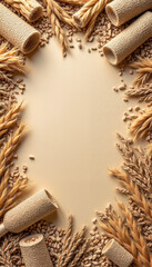 Scattered grains and ears of wheat on a beige background, space for copying.