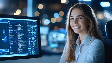 happy woman working on computer in modern office environment, surrounded by screens displaying code and data. atmosphere is bright and focused, reflecting productive workspace