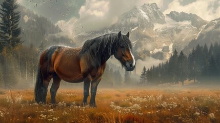 A majestic draft horse standing proudly in an enchanted mountain meadow, illuminated by golden sunlight and surrounded by nature’s beauty.	