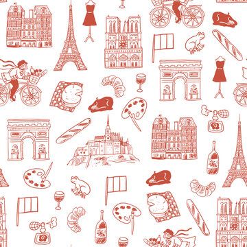 Seamless pattern of Paris hand drawn doodle icons.