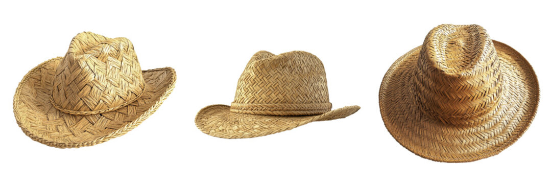 A Set of 3D Authentic Straw Caipira Hats Isolated on Transparent Background