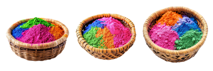 A Set of Baskets Filled with Vibrant Holi Color Powders Isolated on Transparent Background