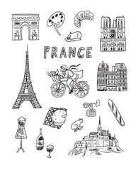 France hand drawn doodle set. Vector illustration for your design