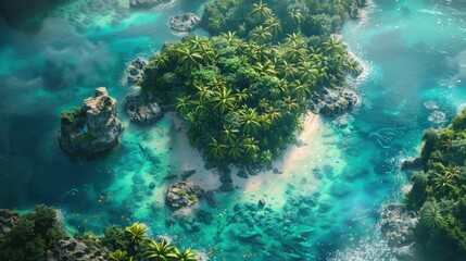 Obraz premium A stunning underwater coral reef ecosystem teeming with marine life, featuring colorful corals, exotic fish, and crystal-clear water illuminated by sunlight streaming from above.