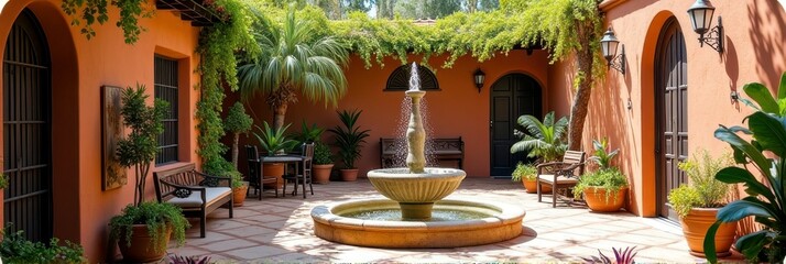 Fototapeta premium Charming spanish-style courtyard with fountain and lush greenery