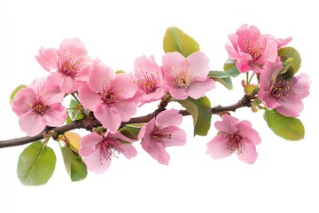 Naklejka premium Beautiful pink cherry blossoms in full bloom on tree branch against white sky background with copy space, spring concept.