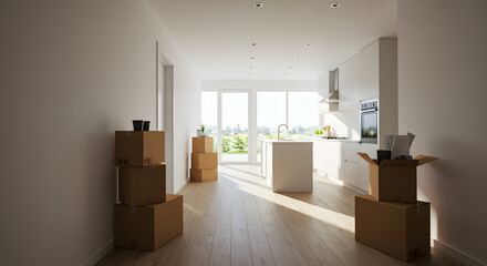A modern kitchen with large windows and unpacked moving boxes on the floor.