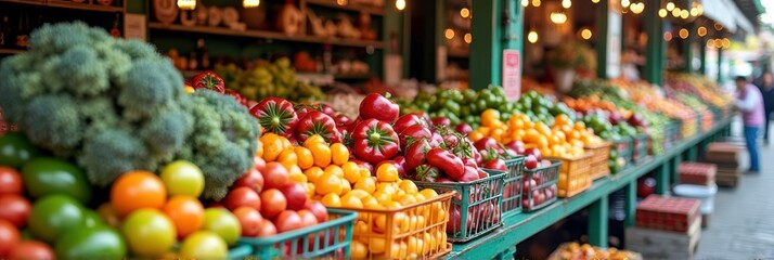 Vibrant fresh produce display at outdoor farmers market