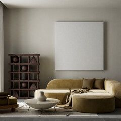 living room interior mock up with modern furnitures. Poster frame mock up in modern interior design. 3D illustration