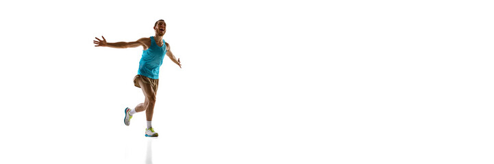Banner. Runner extending arms in celebration, powerful stride and intense emotion radiating success...