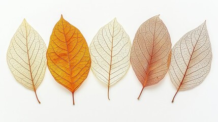 Fototapeta premium Translucent leaves in varied hues, showcasing delicate veins, symbolizing nature's beauty. Ideal for autumn themes, natural science, and botanical designs.