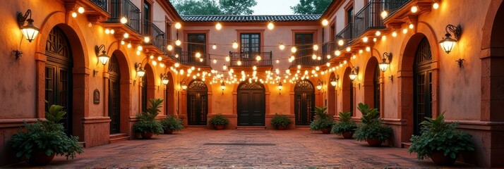 Fototapeta premium Charming courtyard with string lights and potted plants at dusk