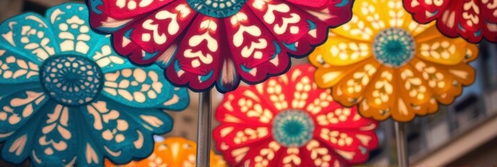 Vibrant decorative umbrellas with red, blue, orange floral patterns in outdoor market