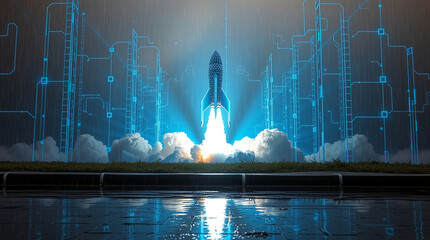 Rocket launch with digital elements in a futuristic setting during night