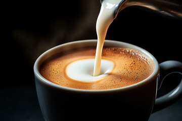 The Art of the Pour: A mesmerizing image captures the precise moment, as a stream of creamy milk cascades into a dark, freshly brewed coffee, creating a visual symphony of texture and contrast.