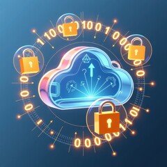Fototapeta premium A conceptual illustration of cloud computing security, featuring a central cloud icon protected by a golden lock.