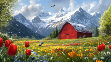 Fototapeta premium A red barn in the middle of a field full of tulips, surrounded by white daisies and green grasses 