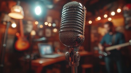 Vintage mic in recording studio with musician
