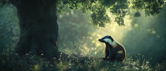 Badger in the Forest Hiding Under Tree
