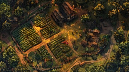 A beautifully detailed DnD battlemap featuring an overgrown magical farmstead, complete with wooden fences, rustic cabins, lush greenery, and vibrant gardens in a secluded forest setting.